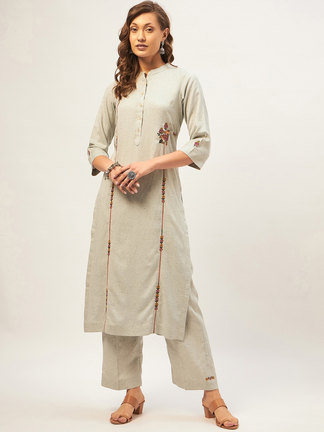 

STADO Women Floral Embroidered Pure Cotton Kurta with Palazzos, Green