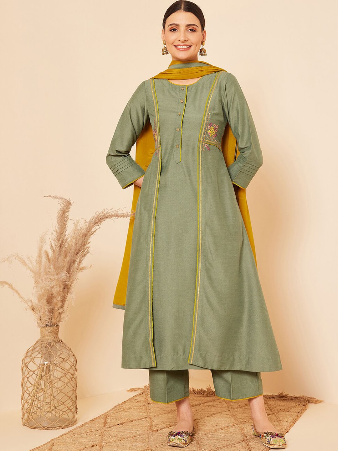 

STADO Floral Embroidered Regular Pure Cotton Kurta With Palazzos & Dupatta, Sea green