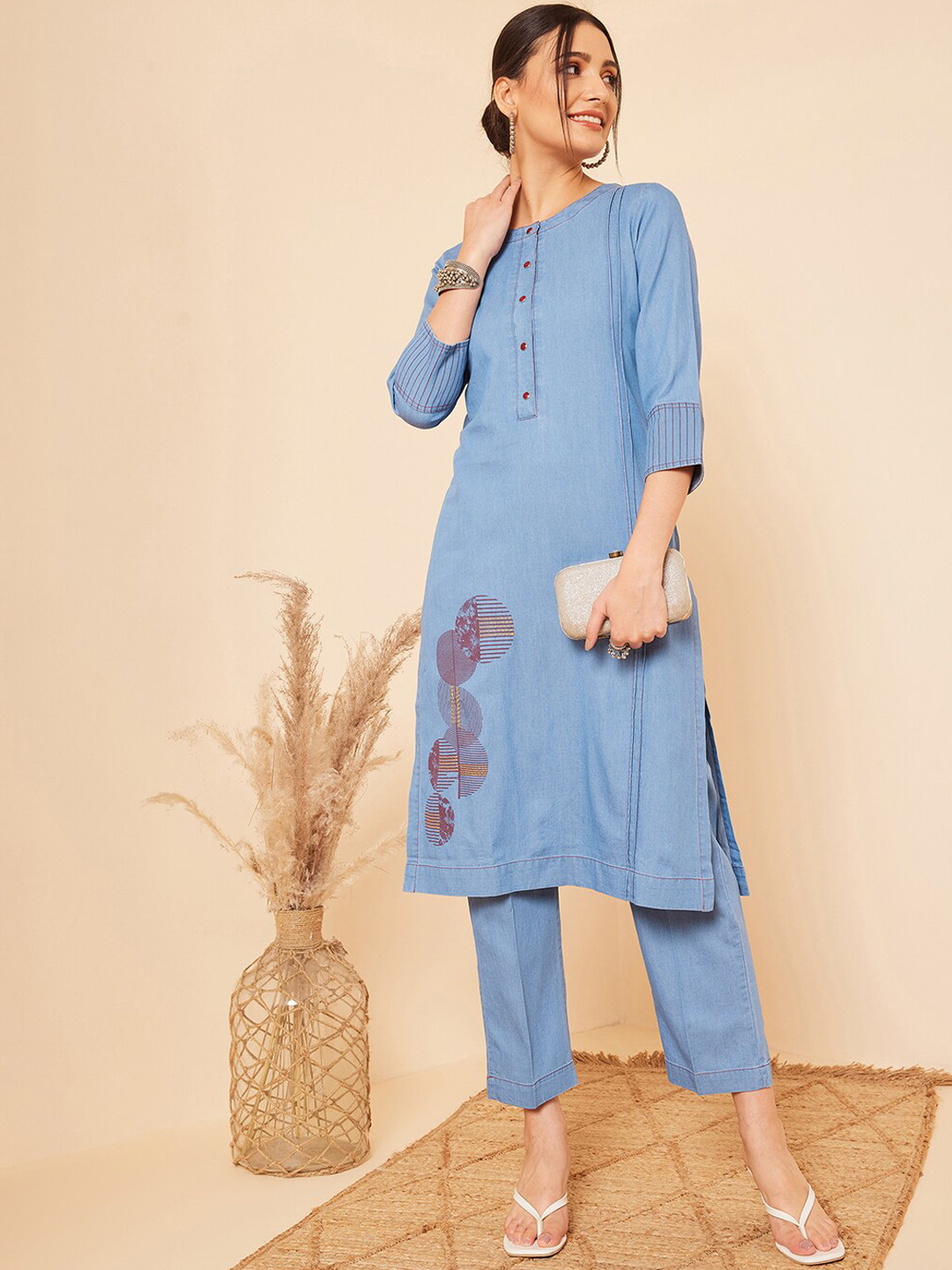 

STADO Geometric Printed Regular Pure Cotton Kurta With Trousers, Blue