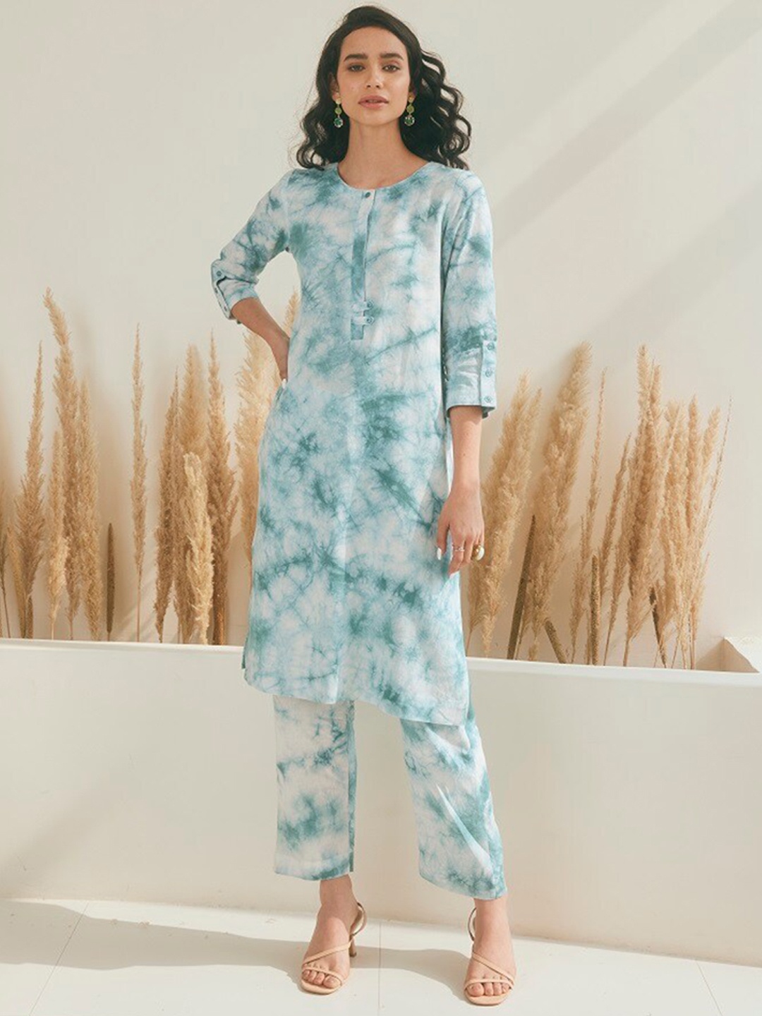 

STADO Tie & Dyed Round Neck Regular Pure Cotton Kurta With Trousers, Turquoise blue