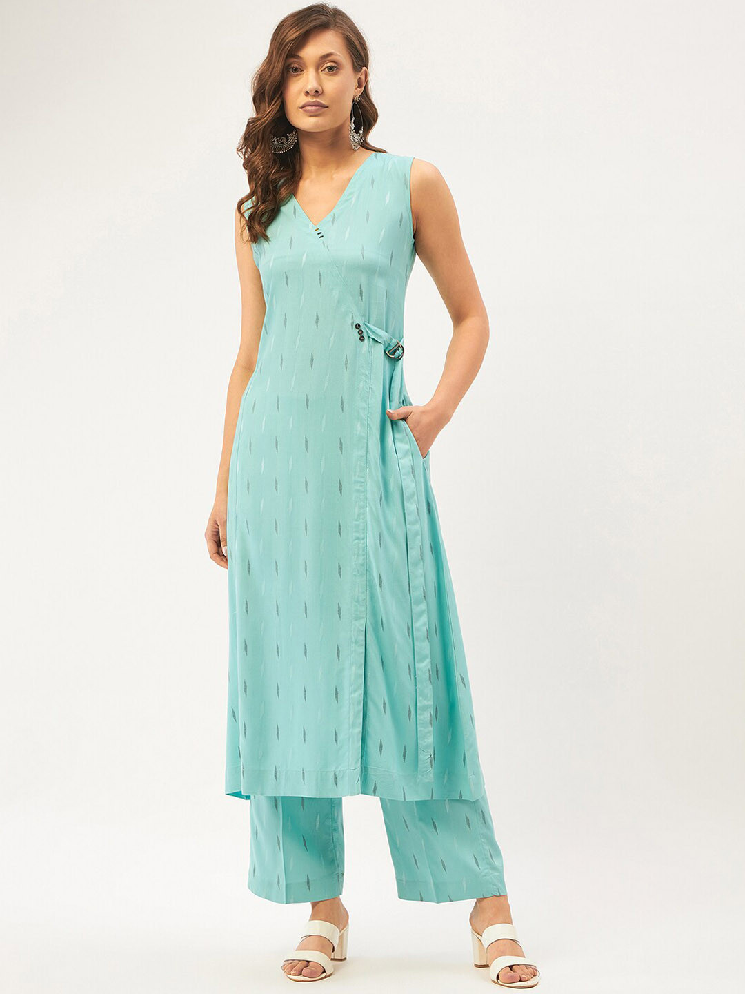 

STADO Woven Design Angrakha Pure Cotton Kurta With Palazzos, Sea green