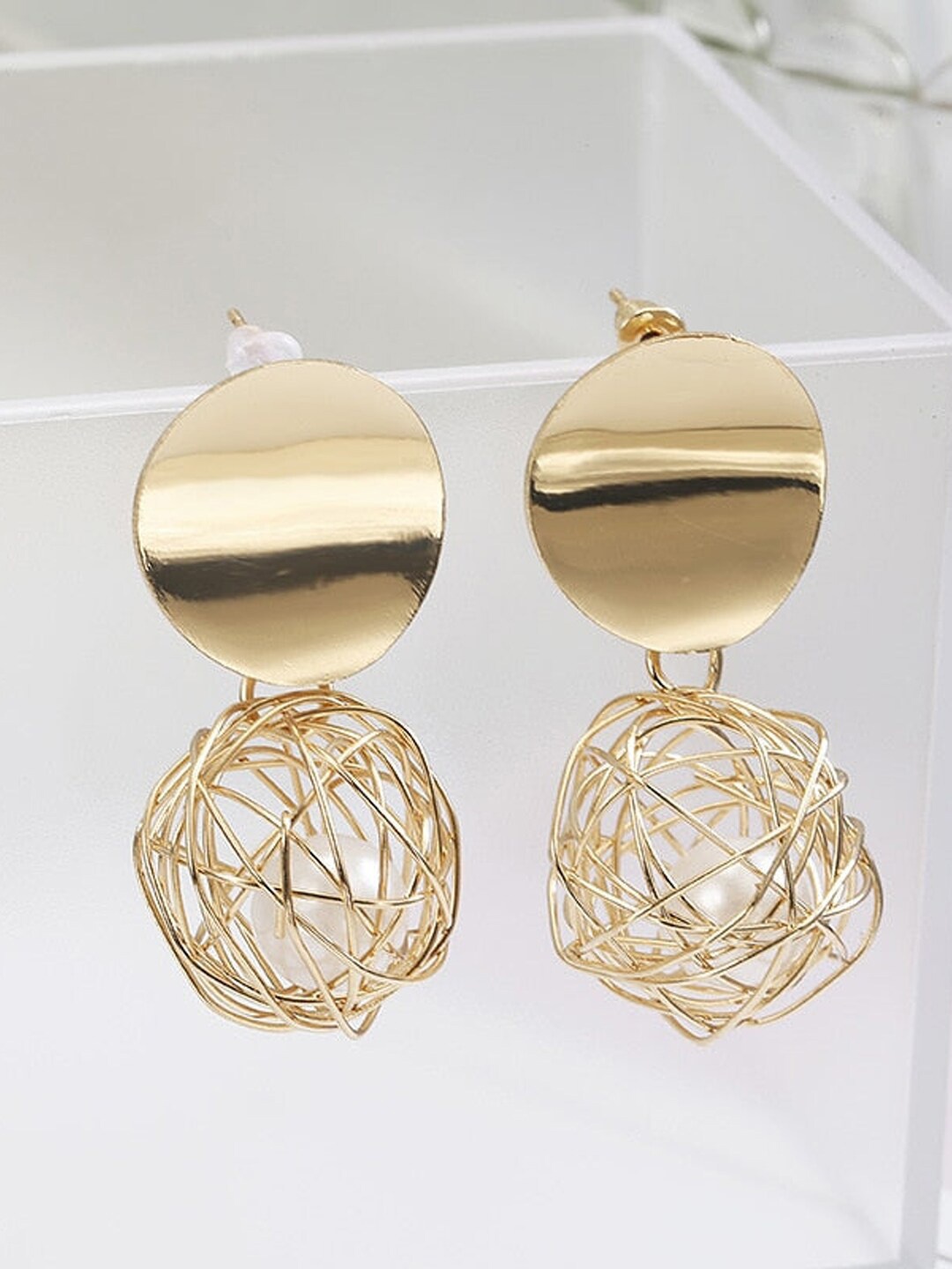 

FIMBUL Gold-Plated Circular Pearl Studded Drop Earrings