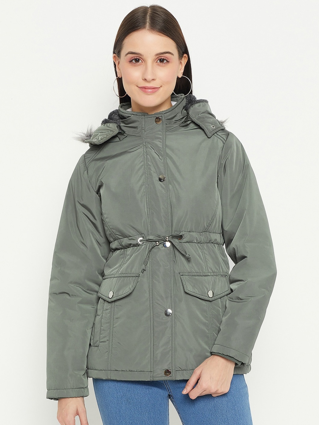 

Okane Hooded Faux Fur Trim Lightweight Longline Parka Jacket, Green