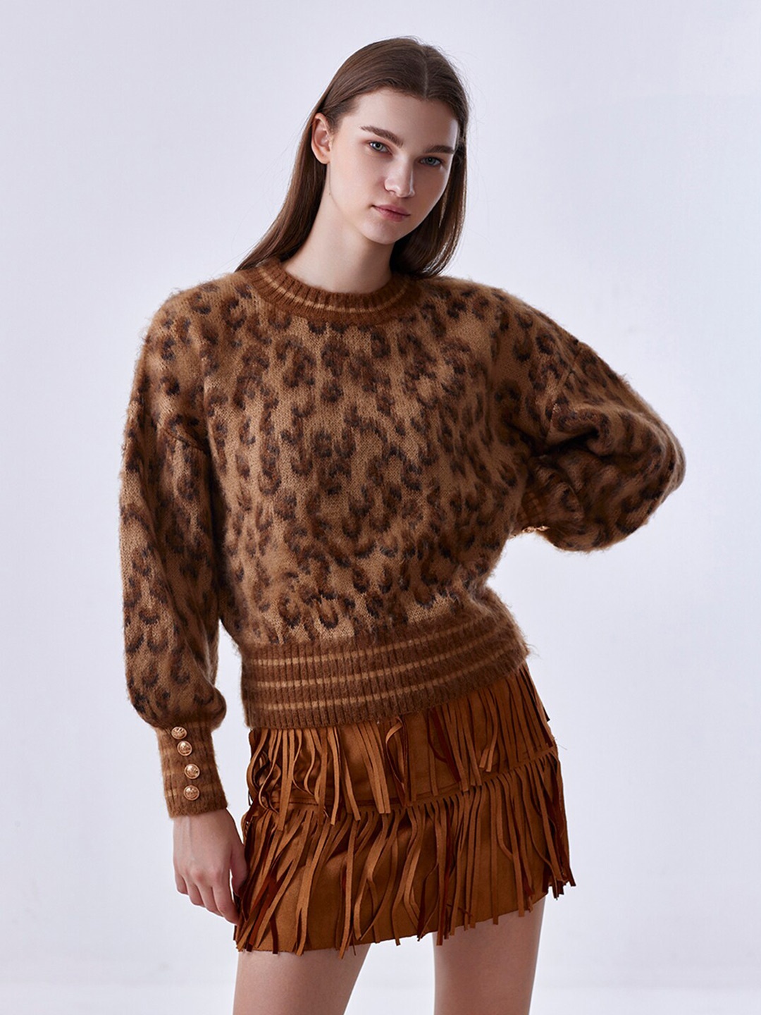 

COVER STORY Beige & Brown Animal Printed Ribbed Pullover