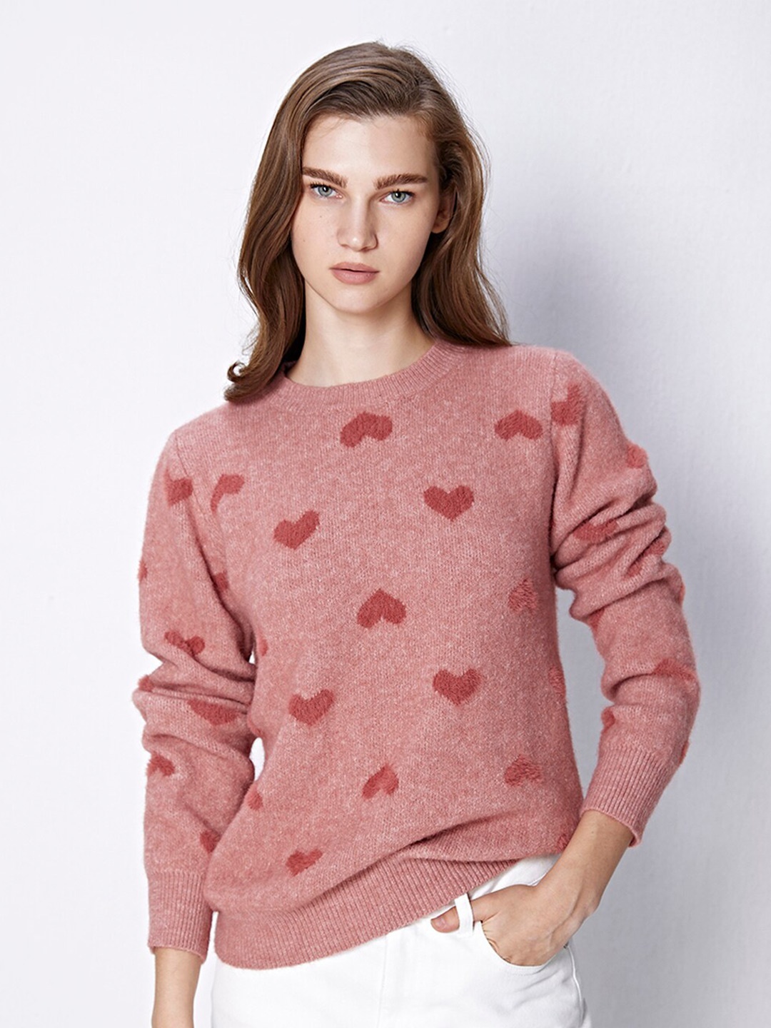 

COVER STORY Pink Cable Knit Self Design Ribbed Pullover