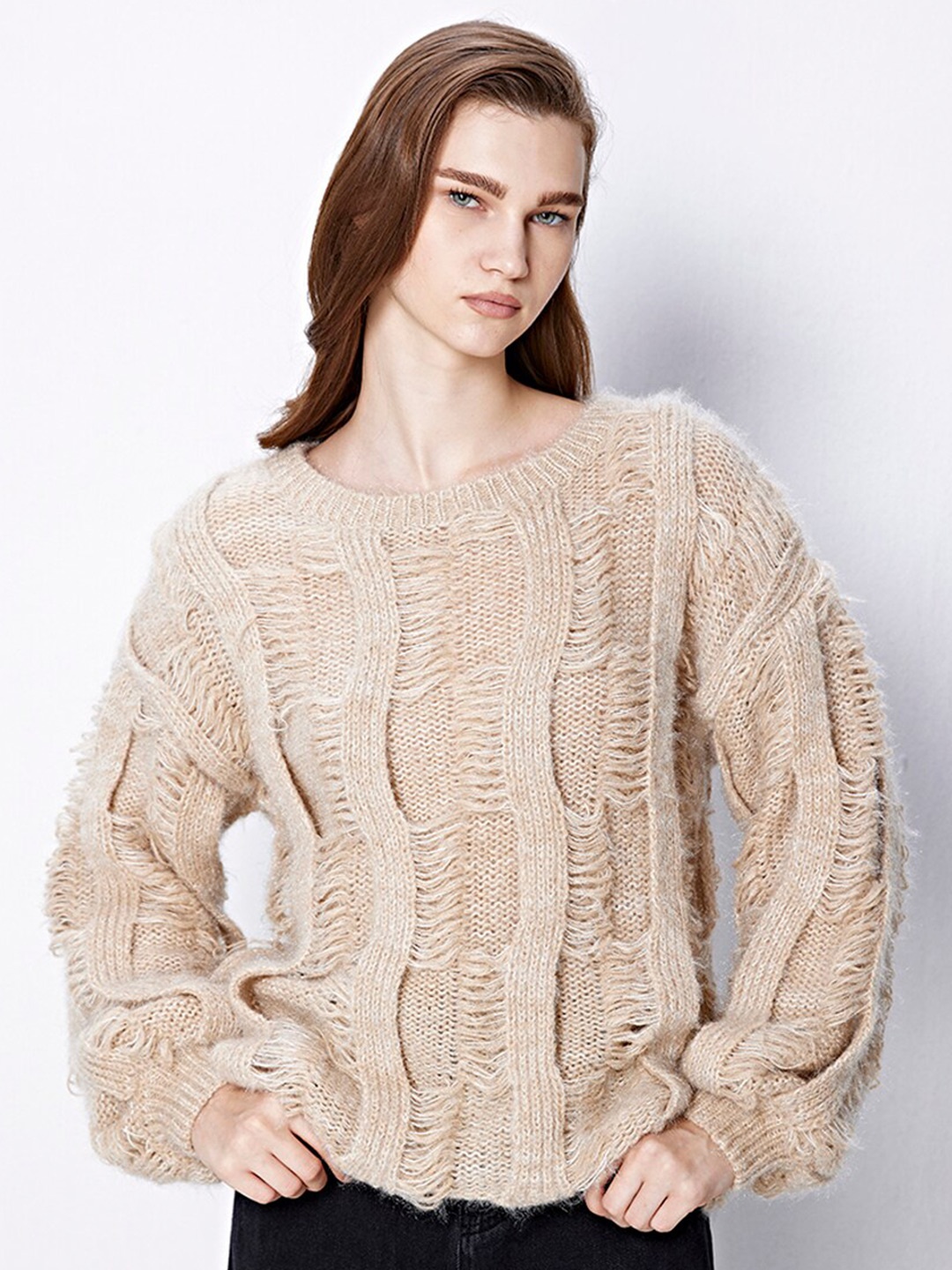 

COVER STORY Beige Open Knit Self Design Ribbed Pullover