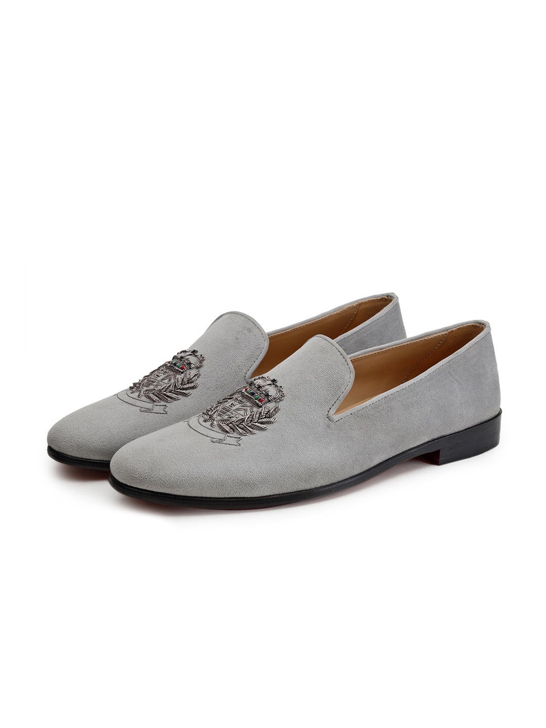 

SHUTIQ Men Royal Emblem Sterling Embroidered Suede Loafers, Grey