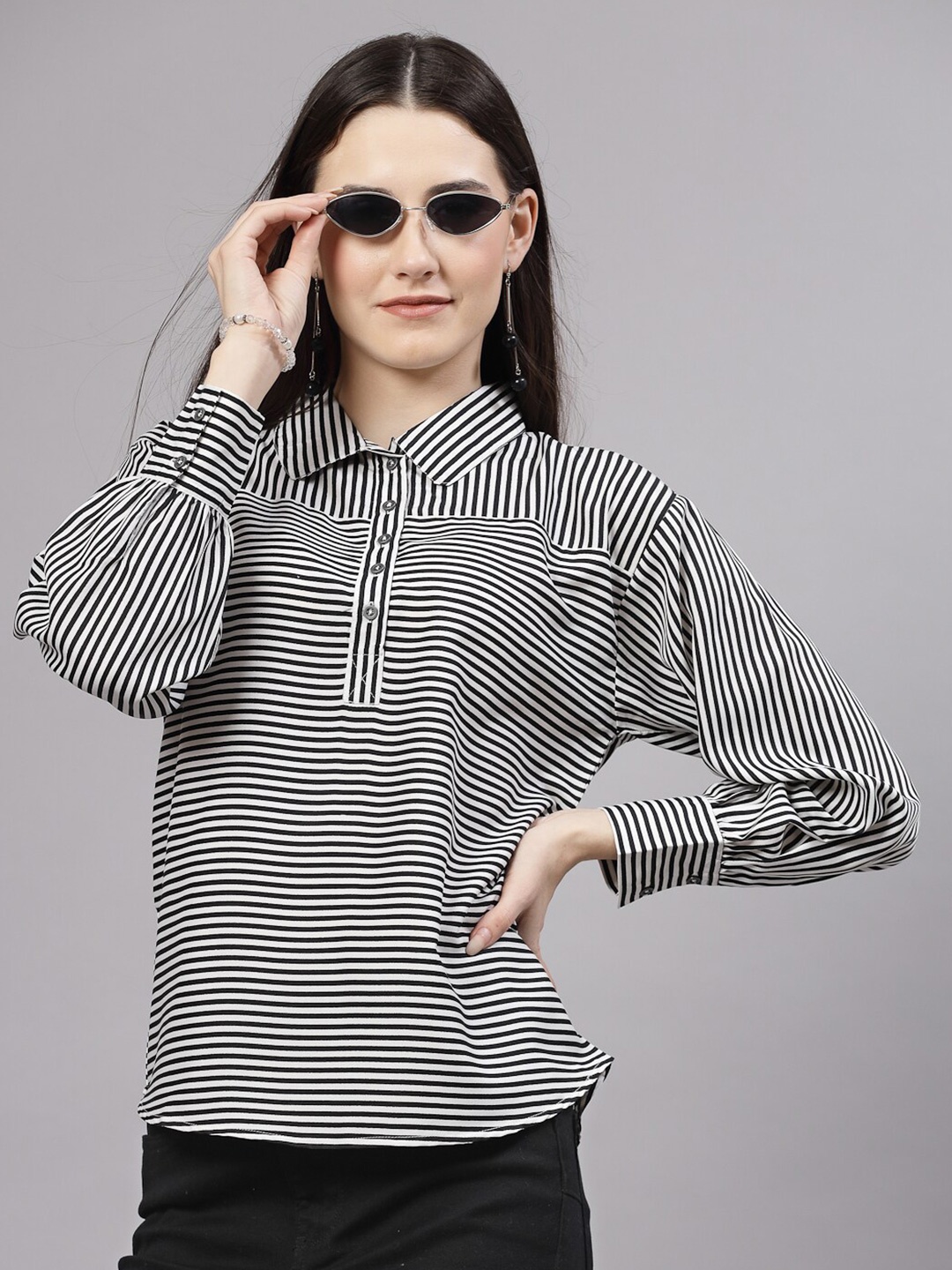 

Style Quotient Striped Shirt Style Top, Black