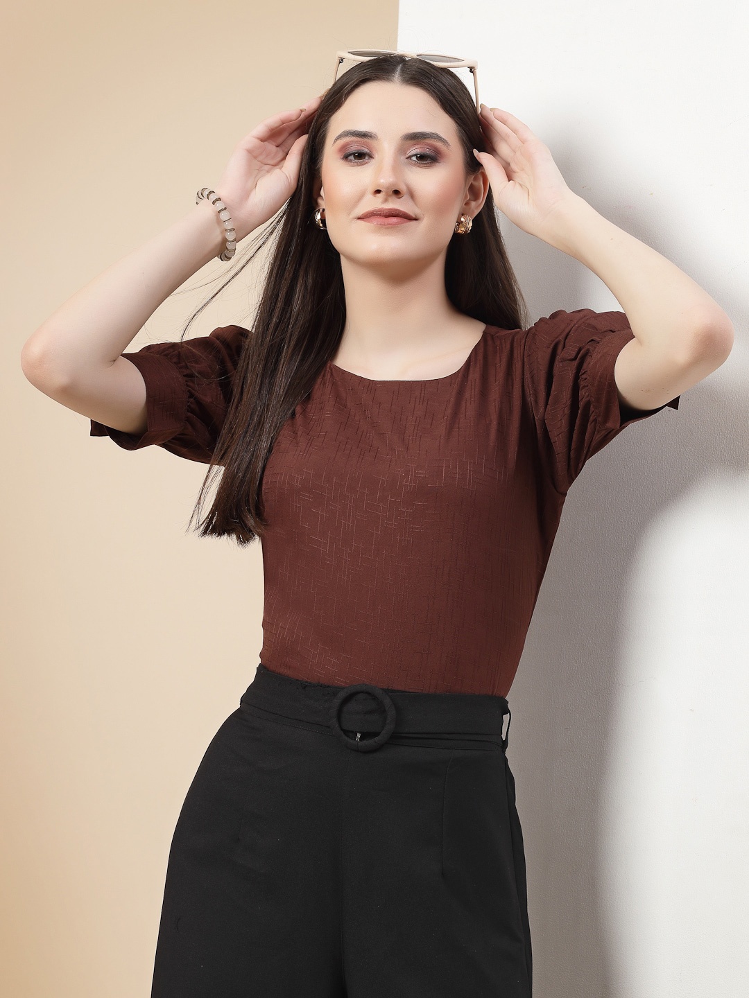 

Style Quotient Round Neck Striped Top, Brown
