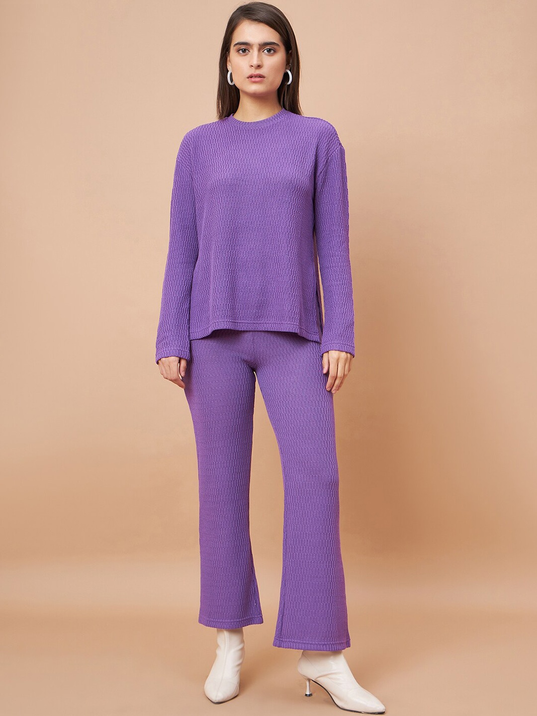 

Gipsy Self design Knitted T-shirt With Trousers Set, Purple