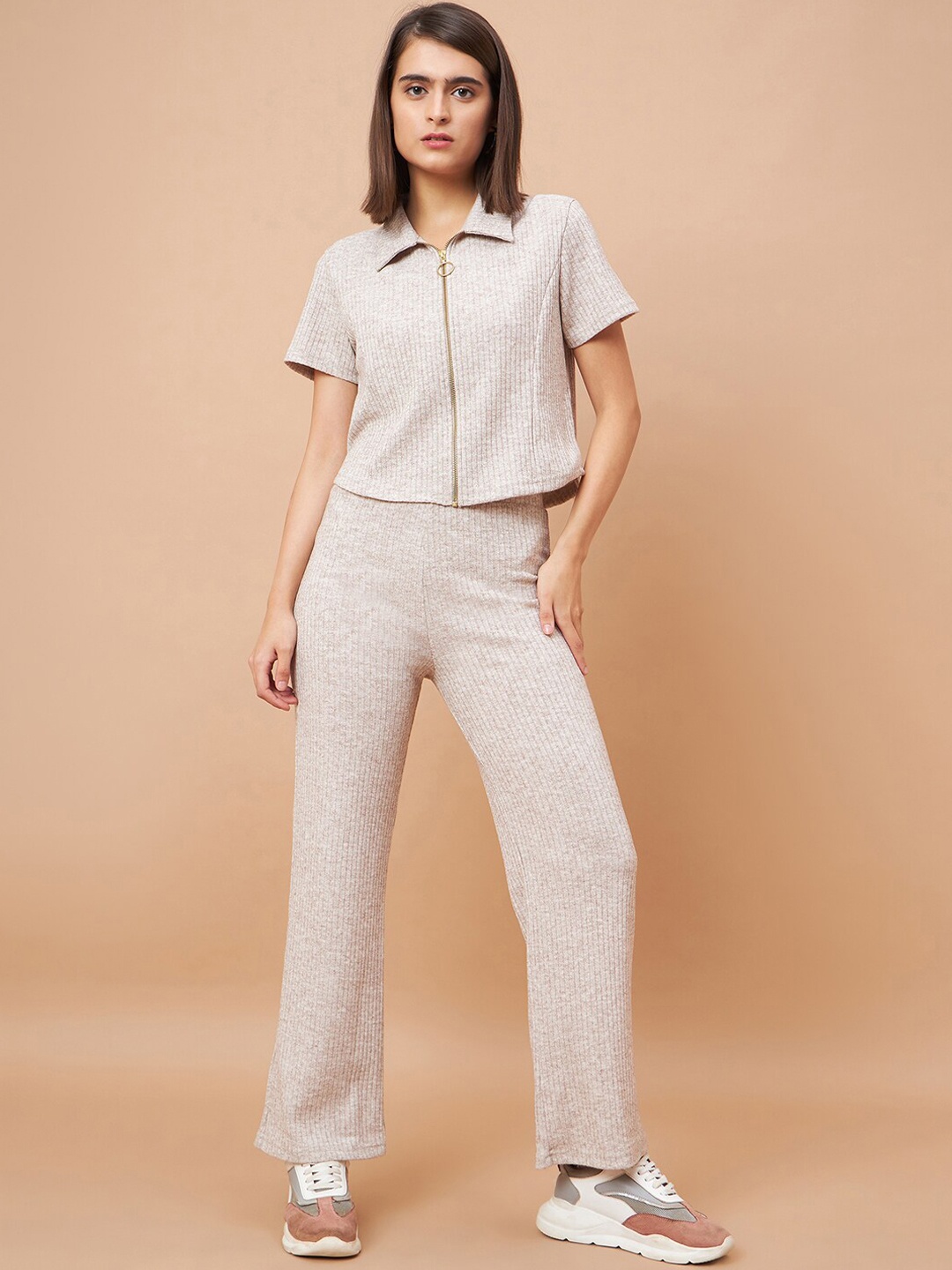 

Gipsy Knitted Shirt Collar Top With Trousers Set, Beige