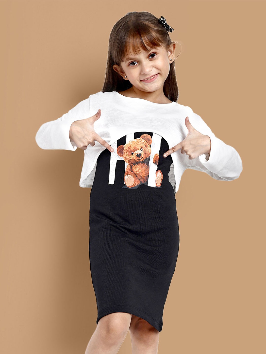 

YK Girls Graphic Printed Shoulder Straps Cotton Sheath Dress With T-Shirt, Black