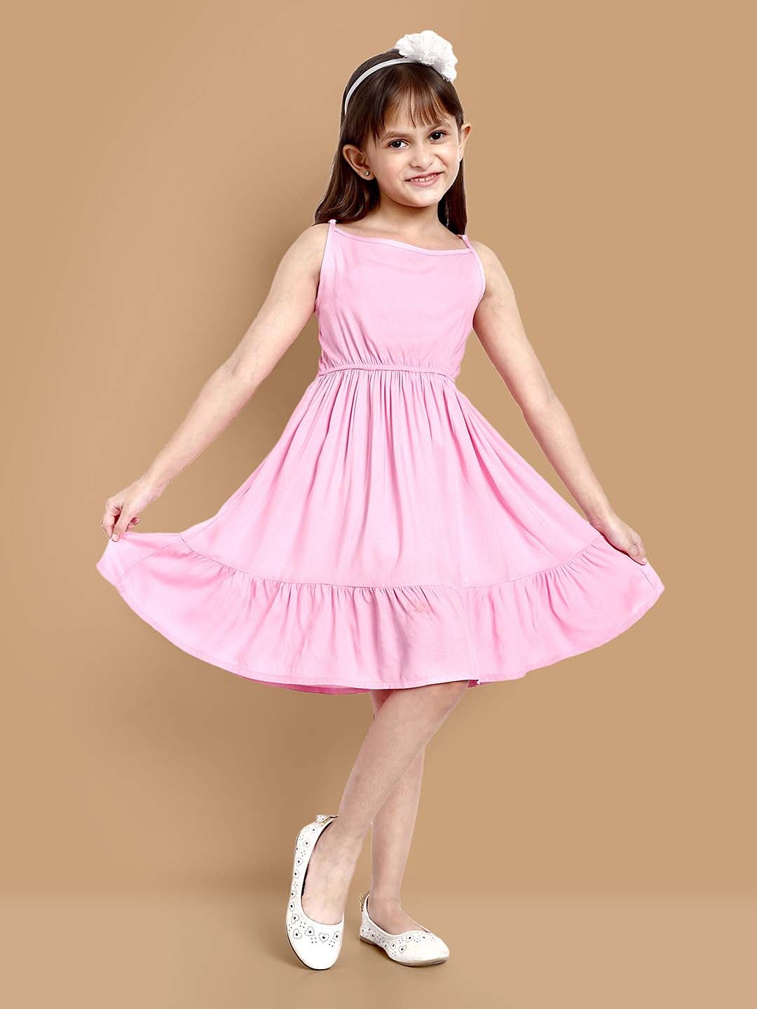 

YK Girls Shoulder Straps Sleeveless A-Line Dress With Shrug, Pink