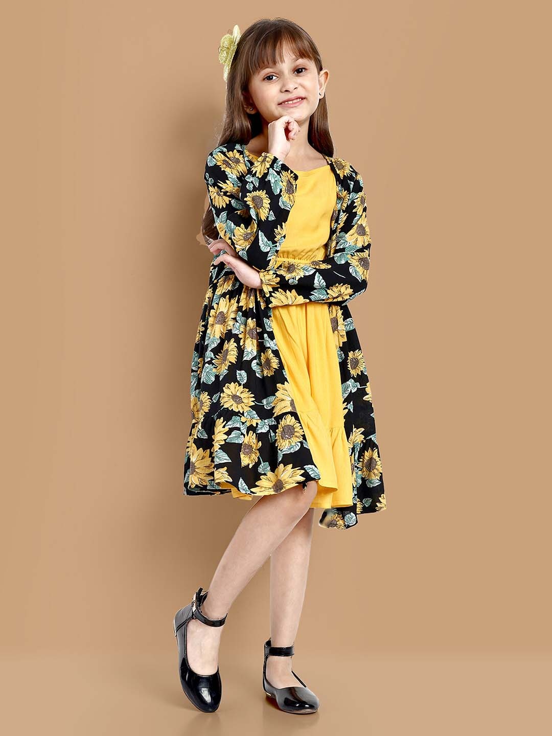 

YK Girls Fit and Flare Dress with Shrug, Yellow