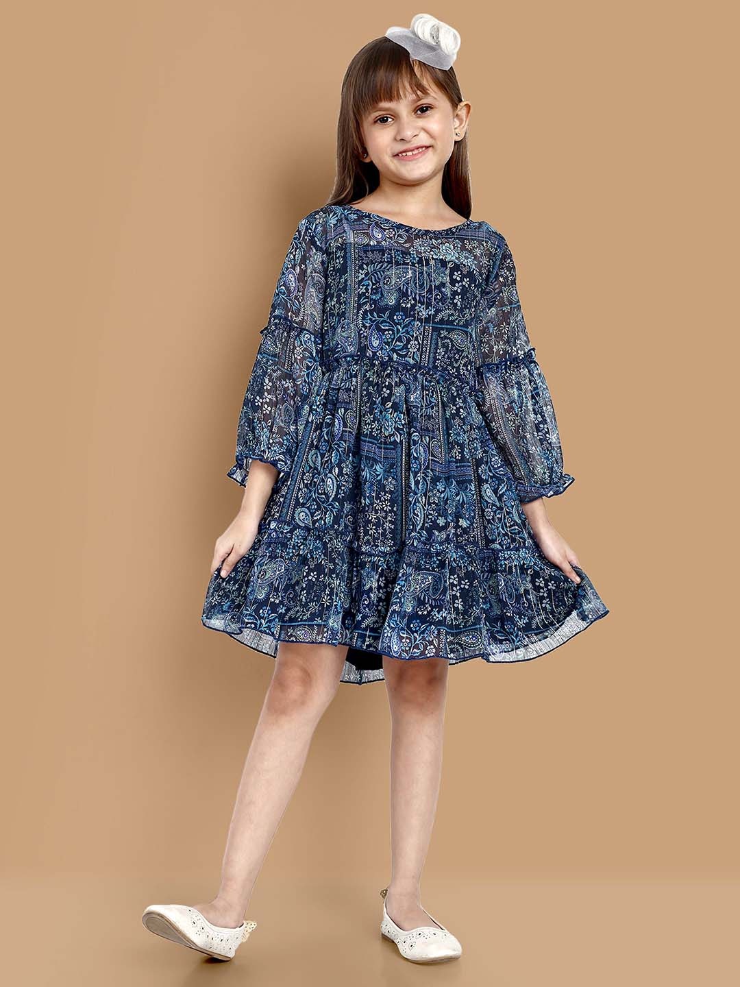 

YK Floral Printed Tiered Gathered A-Line Dress, Blue