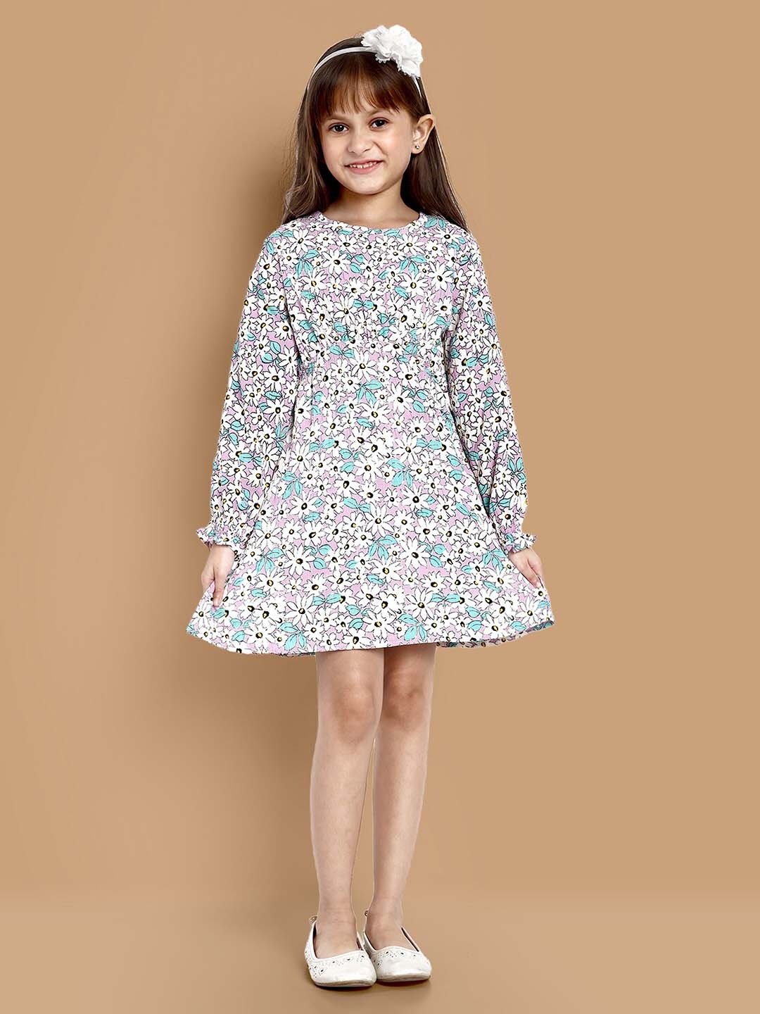 

YK Girls Floral Printed Cuffed Sleeves A-Line Dress, Purple