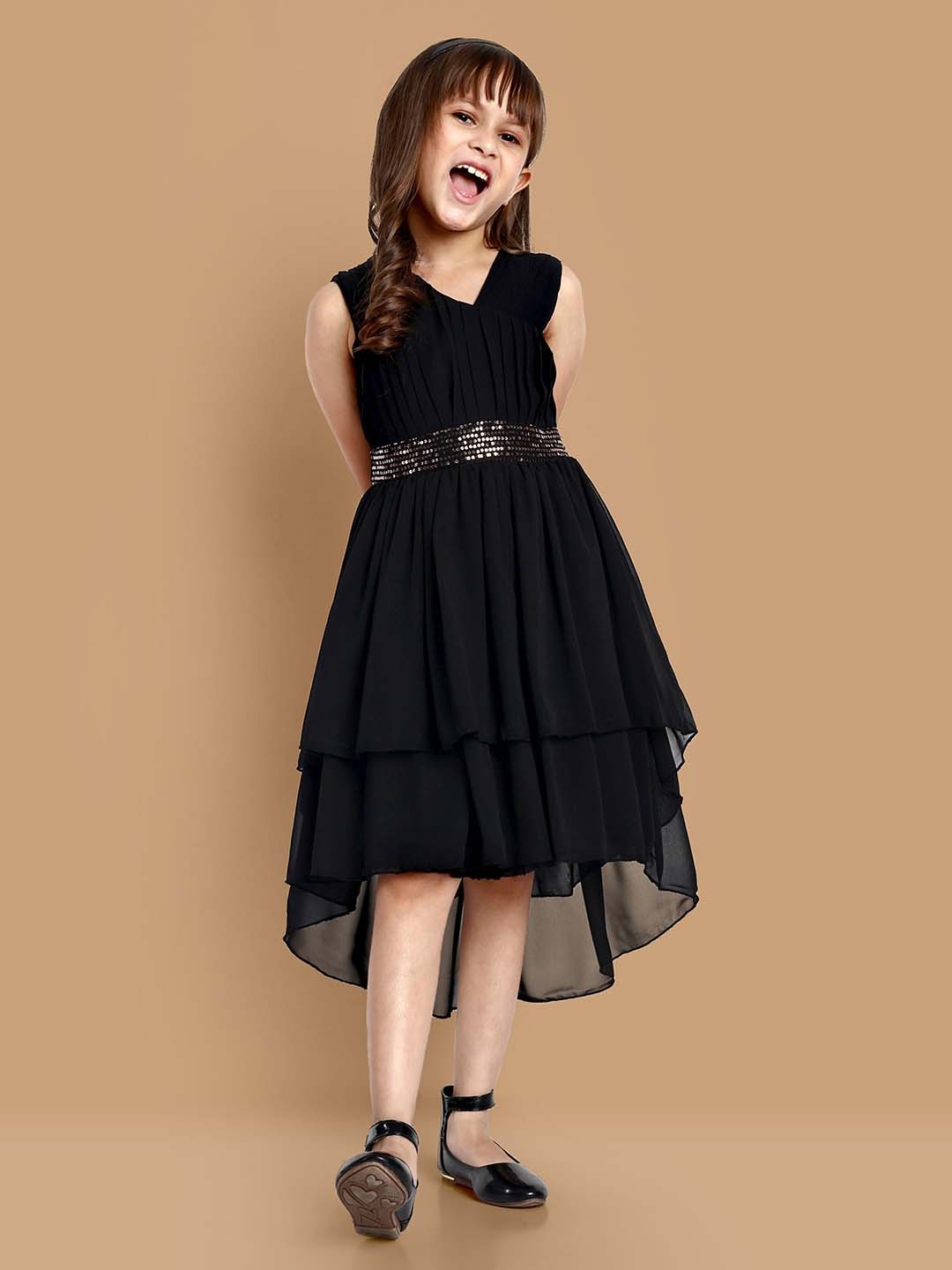 

YK Girls V-Neck Georgette Fit & Flare Midi Dress, Black