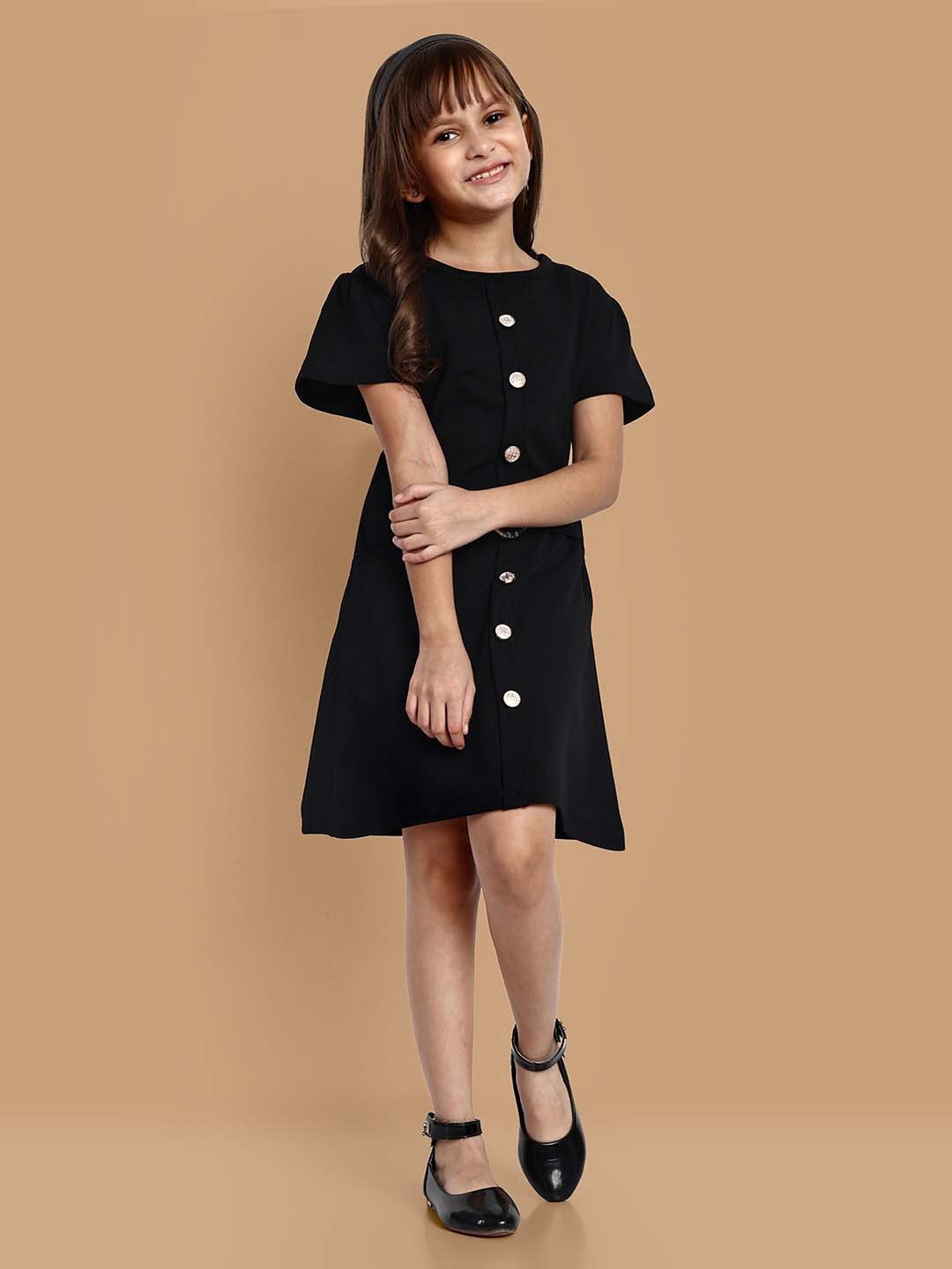 

YK Girls Round Neck Short Sleeves Crepe Belted A-Line Dress, Black