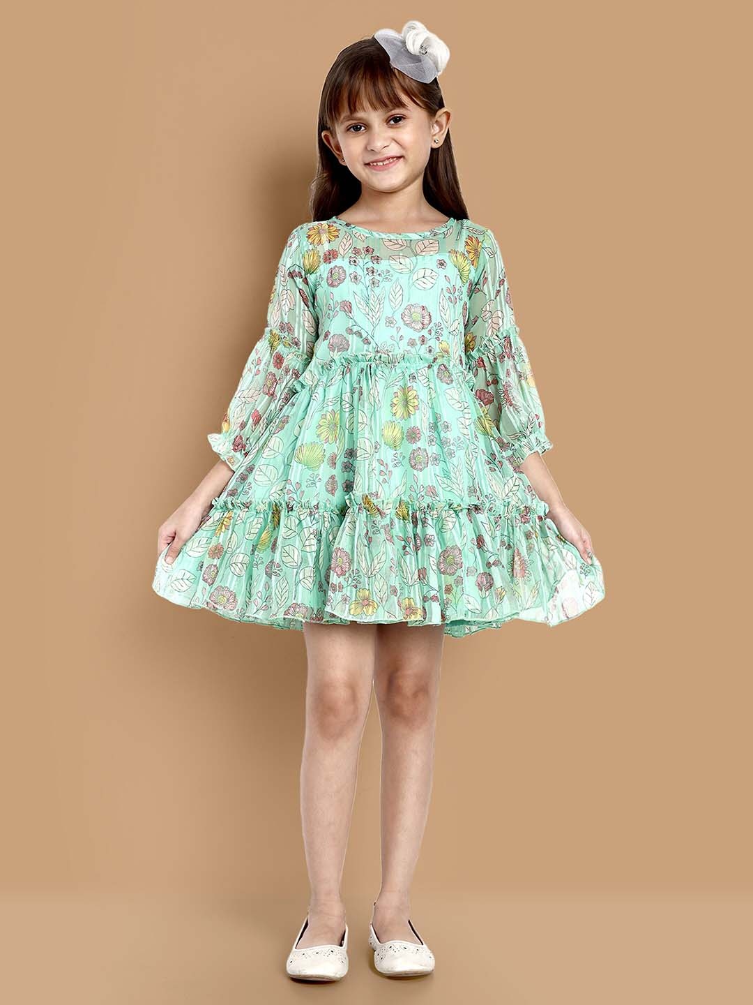 

YK Girls Floral Printed Gathered Detailed Puff Sleeve Fit & Flare Dress, Green