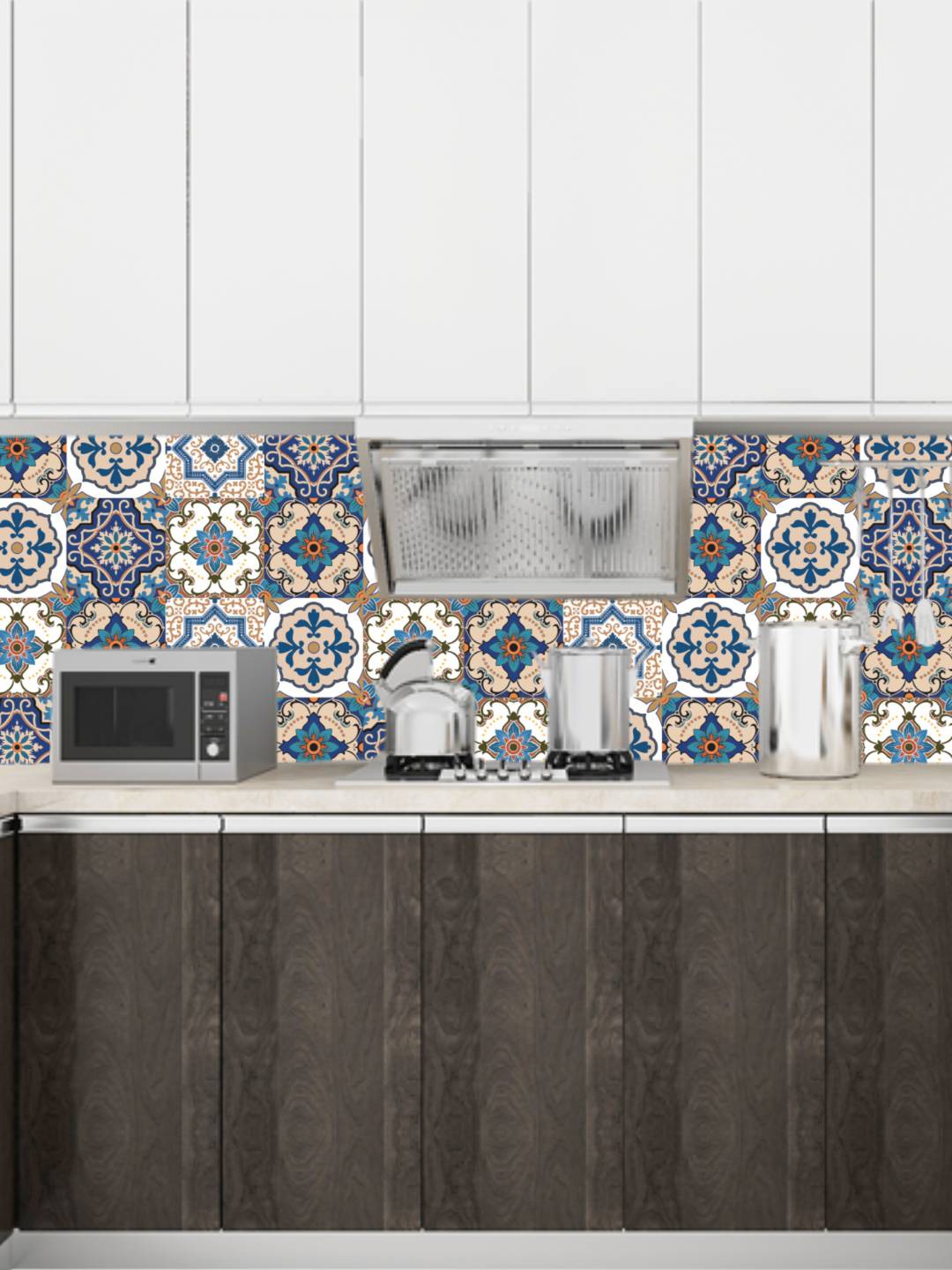 

Jaamso Royals Blue & White Tile Design Self Adhesive Kitchen Sticker Wallpaper