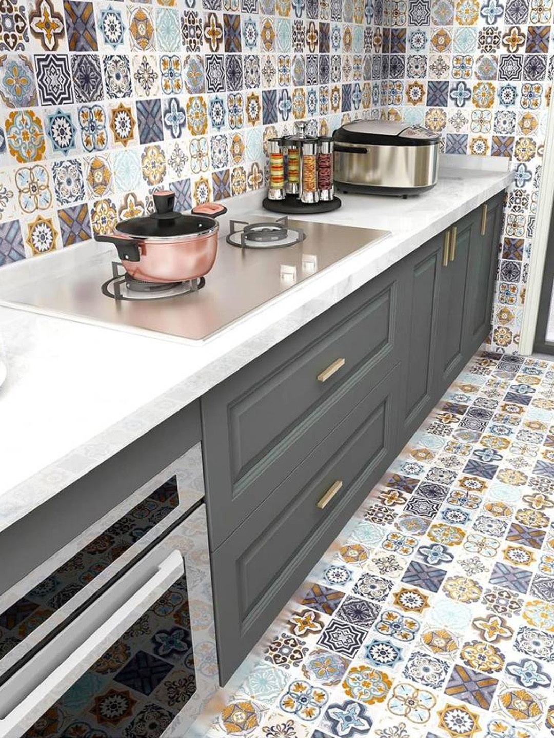 

Jaamso Royals White & Blue Mosaic Design Kitchen Self Adhesive Wallpaper