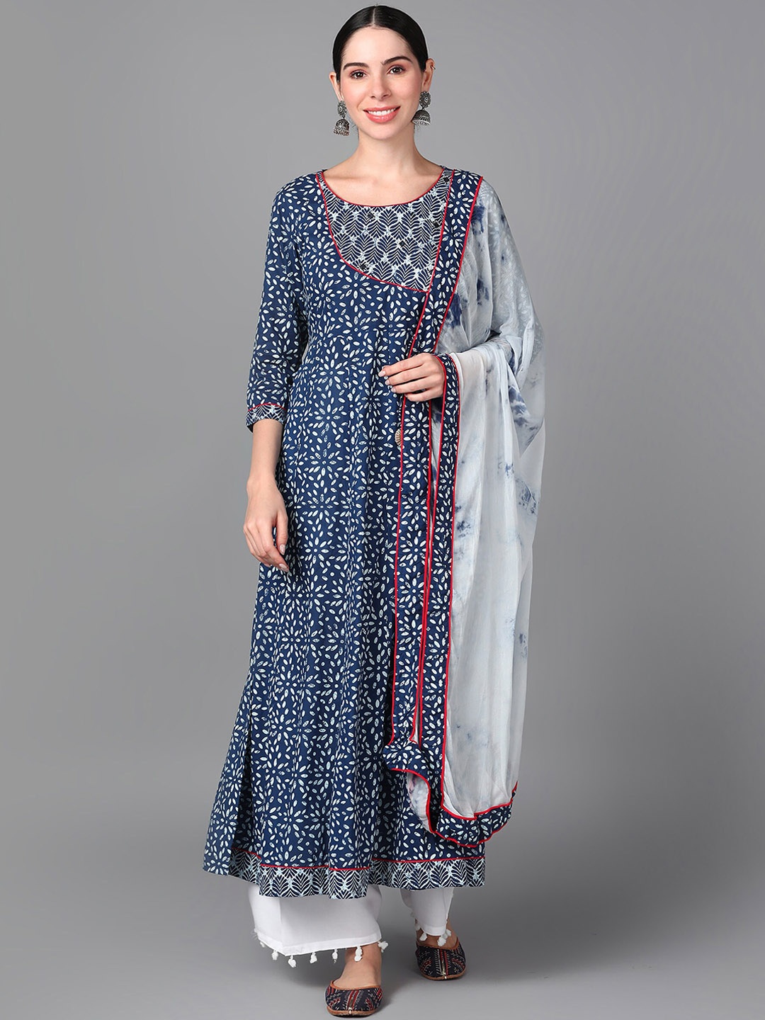 

AAYUMI Ethnic Motifs Printed Anarkali Mirror Work Kurta With Palazzos & Dupatta, Blue