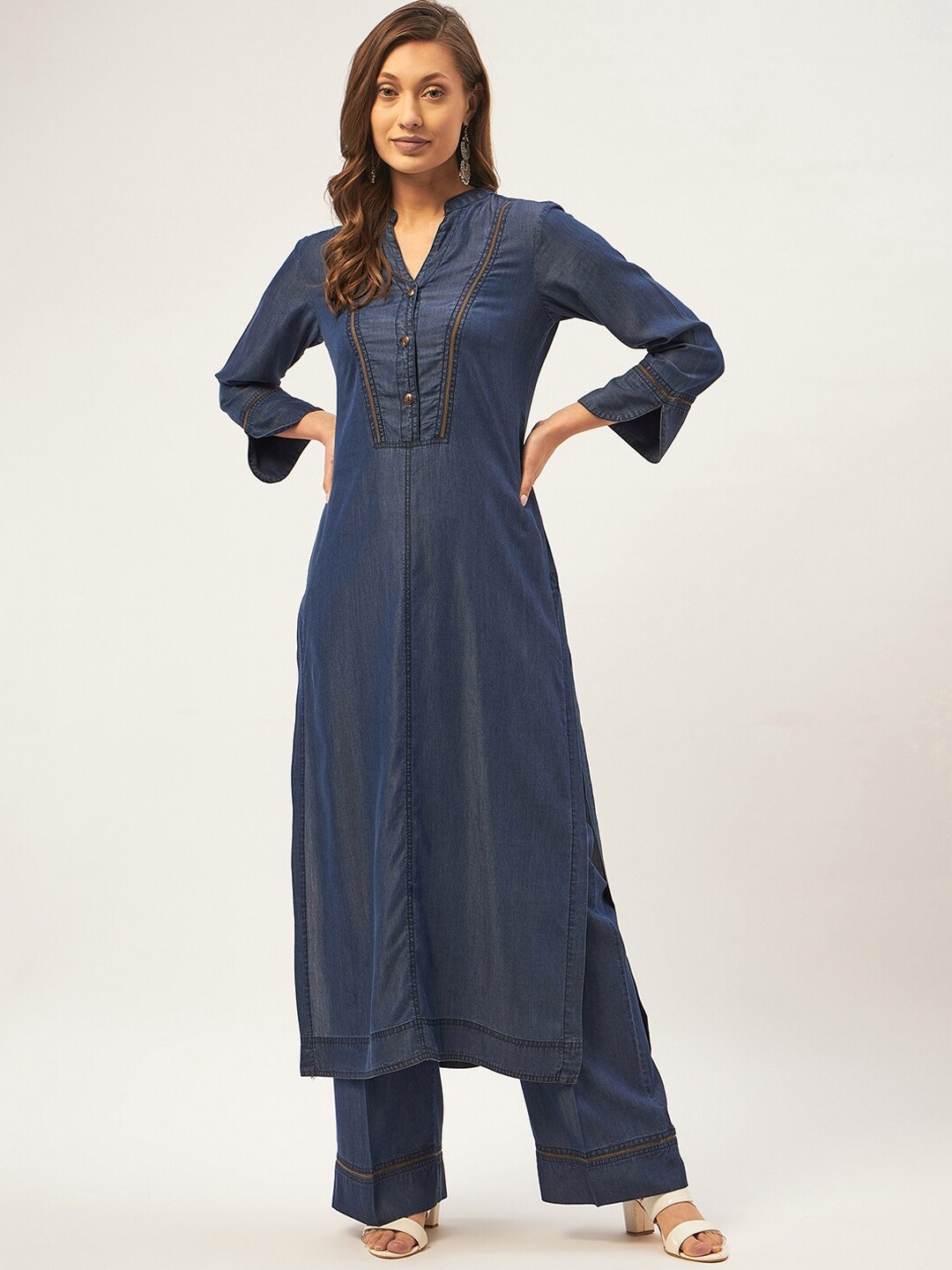 

STADO Yoke Design Pure Cotton Denim Kurta with Palazzos, Blue