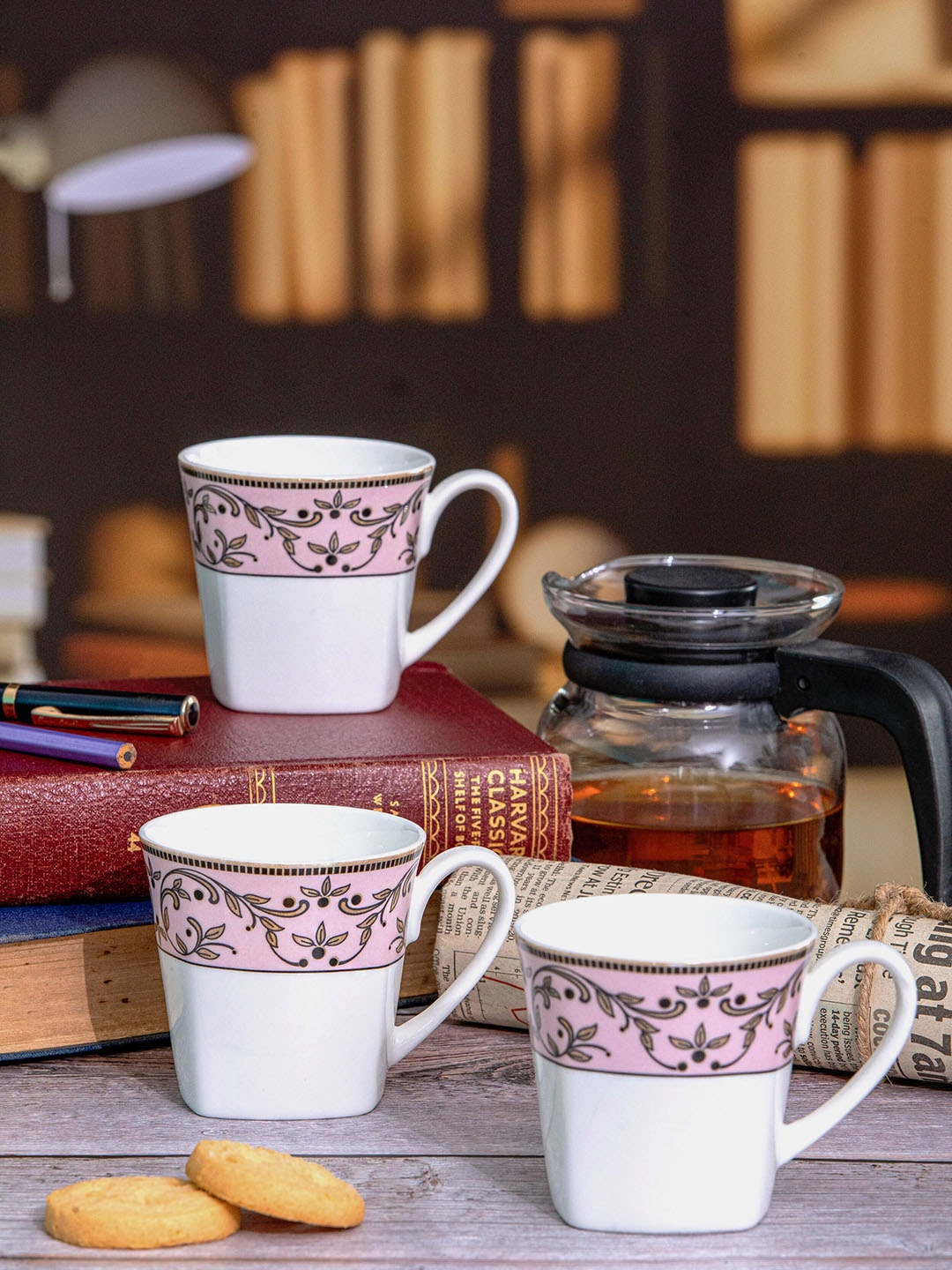 

SONAKI 6 Pcs White & Pink Floral Printed Bone China Glossy Cups - 180 ML Each