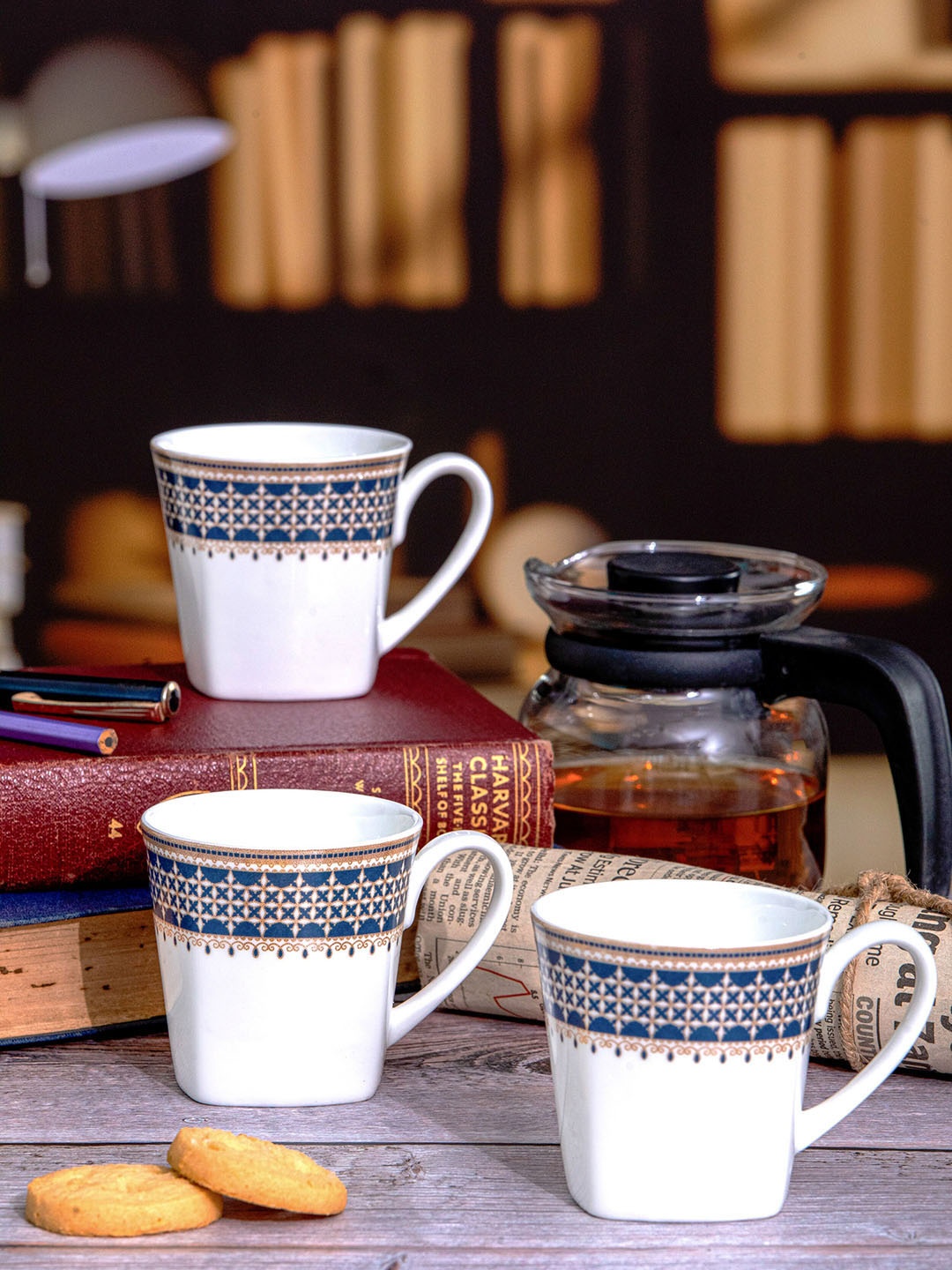 

SONAKI White & Blue 6 Pieces Printed Bone China Glossy Mugs 180 ml Each