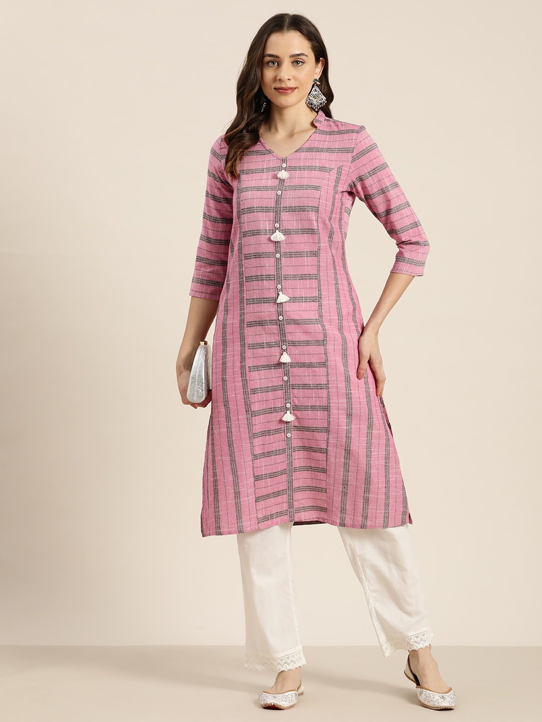 

HERE&NOW Women Striped Cotton Kurta, Pink