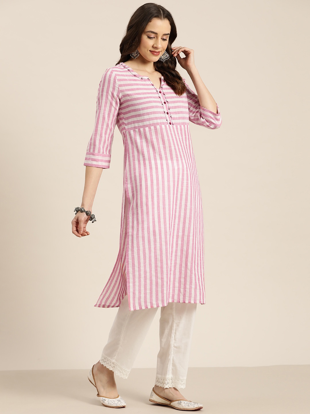 

HERE&NOW Women Striped Cotton Kantha Work Kurta, Pink
