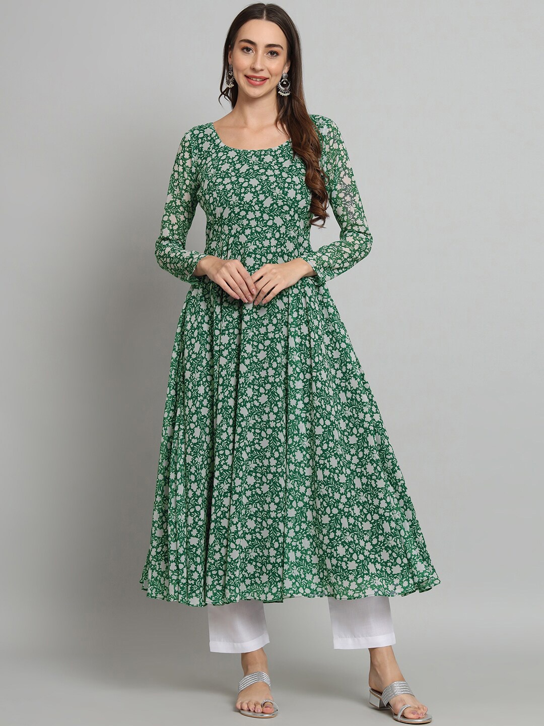 

KALINI Floral Printed Anarkali Georgette Kurta, Green