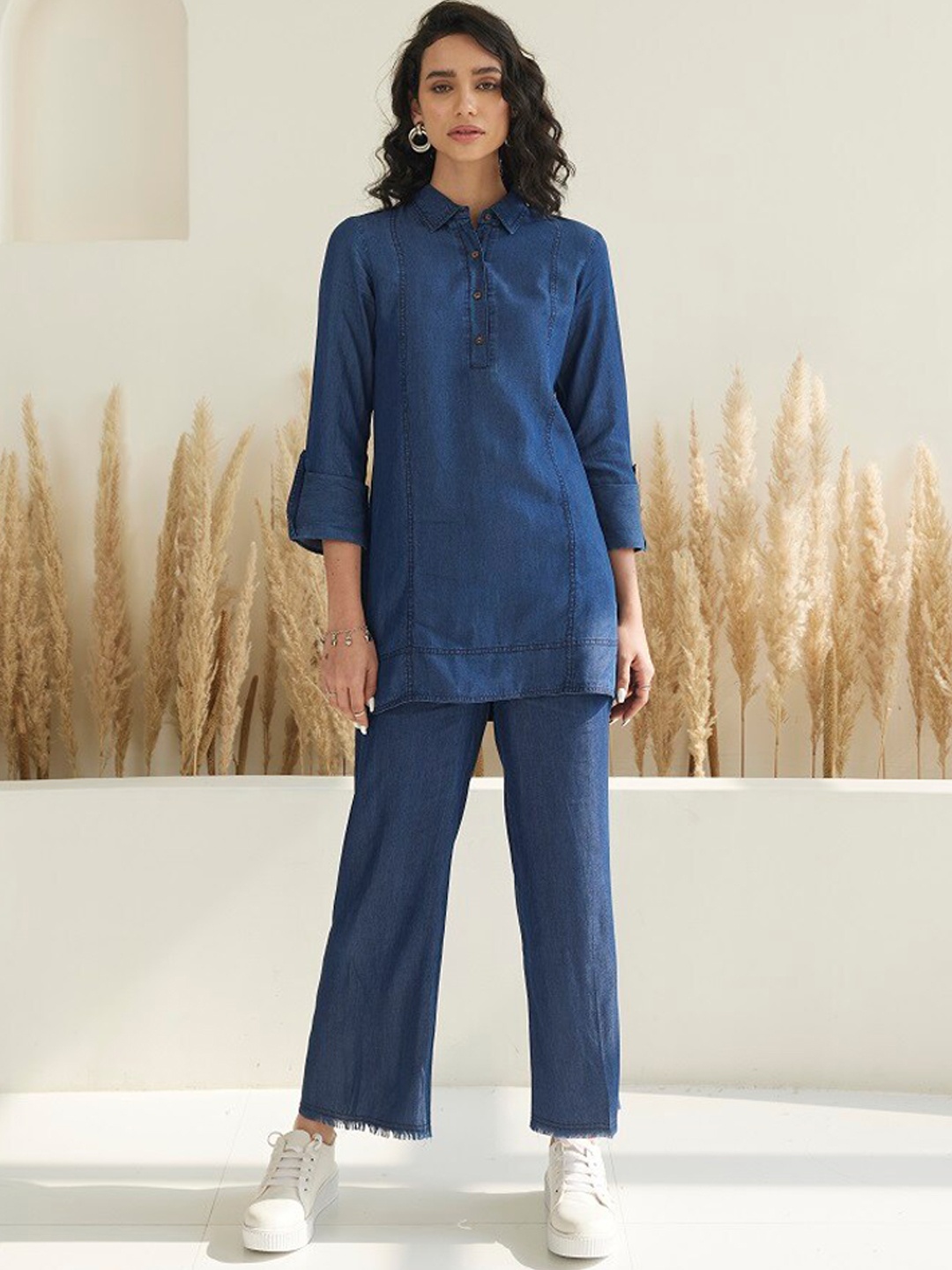 

STADO Shirt Collar Straight Pure Cotton Kurta With Trouser, Navy blue