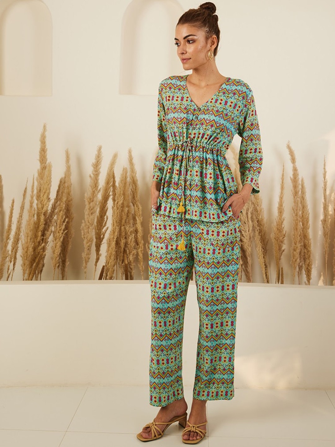 

STADO Geometric Printed Pure Cotton Top With Palazzo, Green