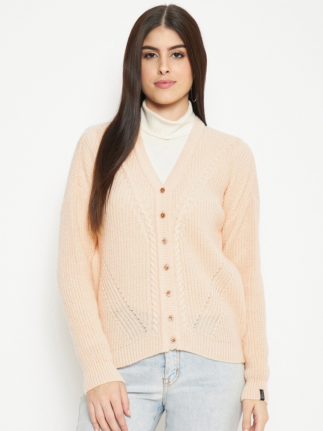 

CREATIVE LINE Cable Knit Self Design Woollen Cardigan Sweaters, Peach