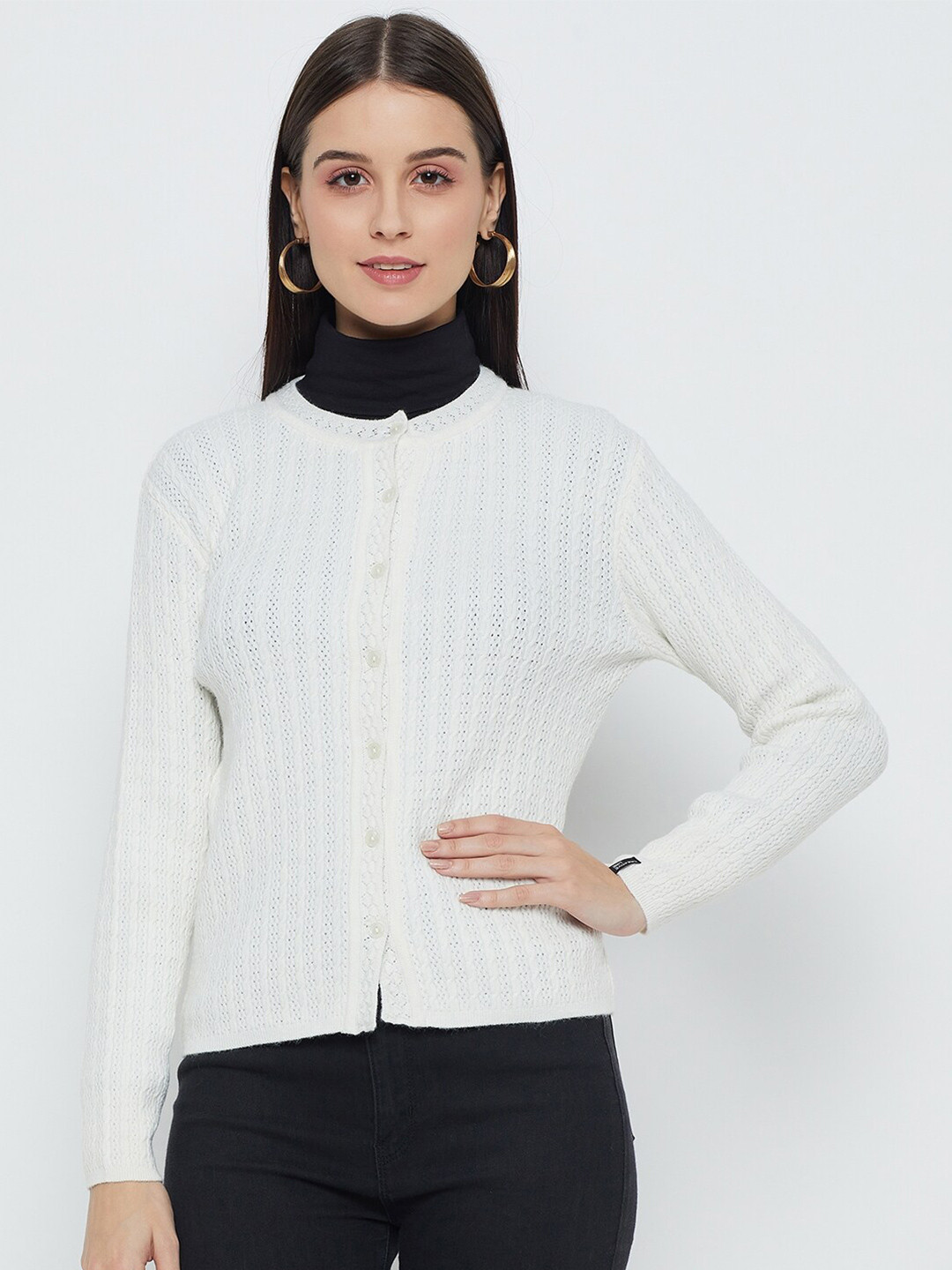 

CREATIVE LINE Cable Knit Woollen Cardigan, White