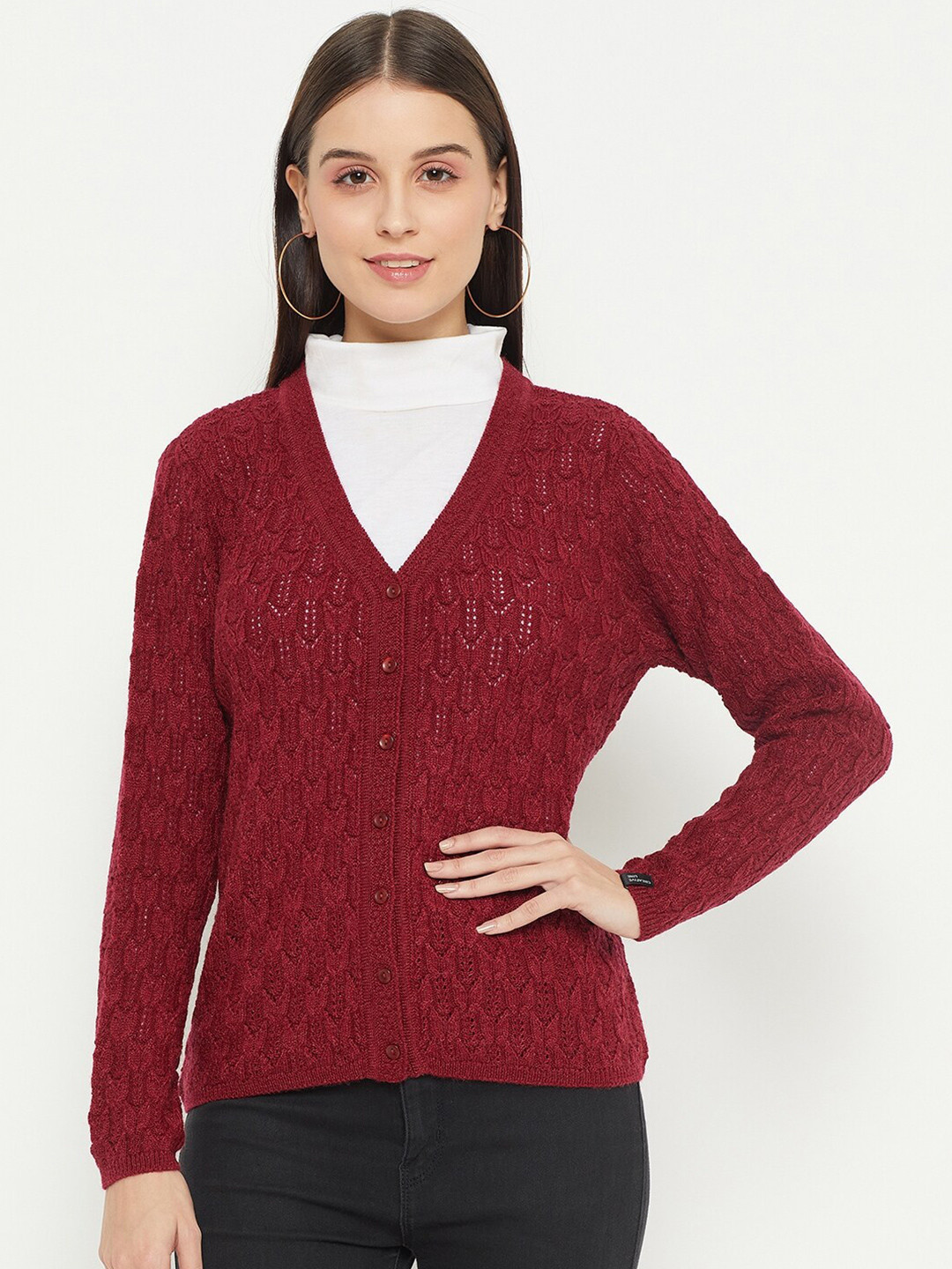 

CREATIVE LINE Cable Knit Self Design Woollen Cardigan Sweaters, Maroon