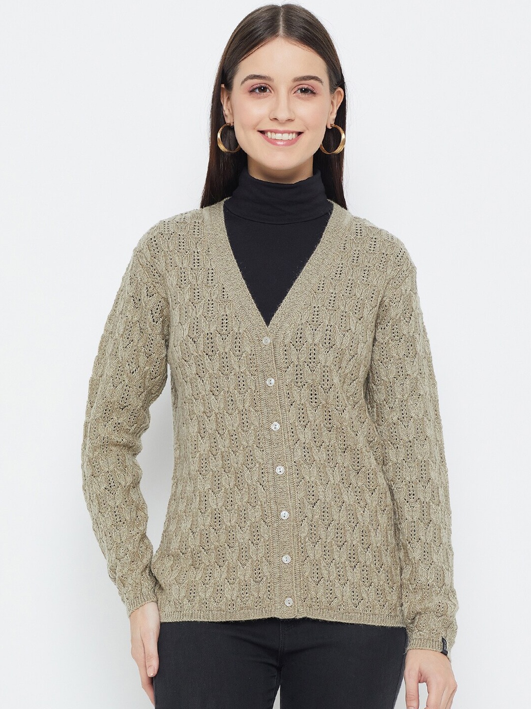 

CREATIVE LINE Cable Knit V-Neck Woollen Cardigan, Green