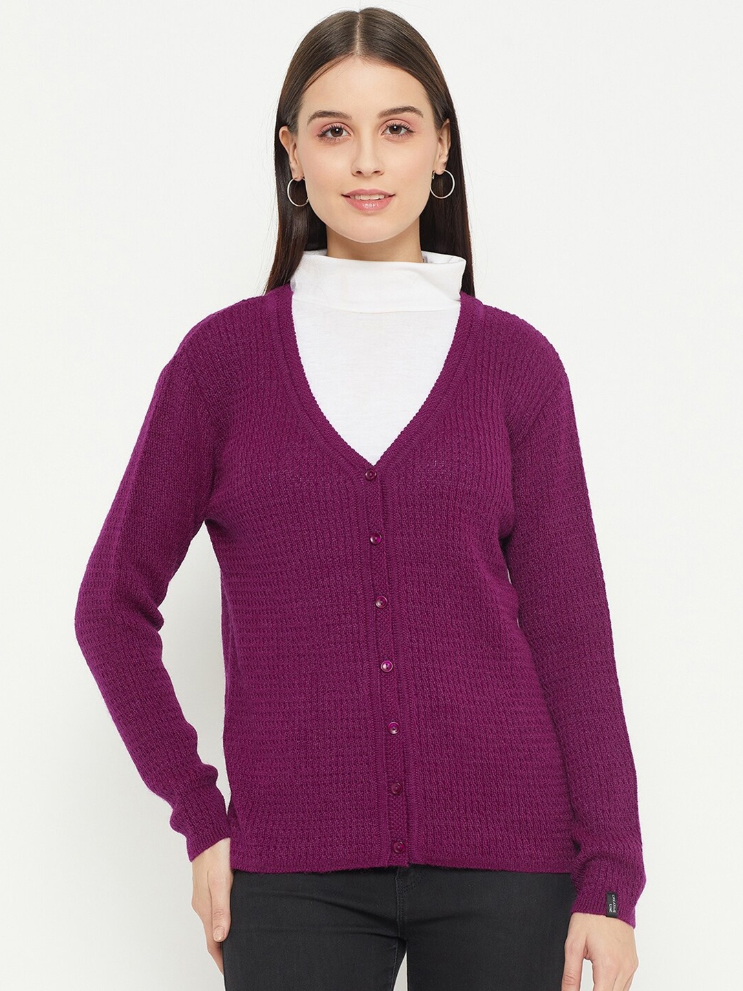 

CREATIVE LINE Ribbed V-Neck Woollen Cardigan, Purple