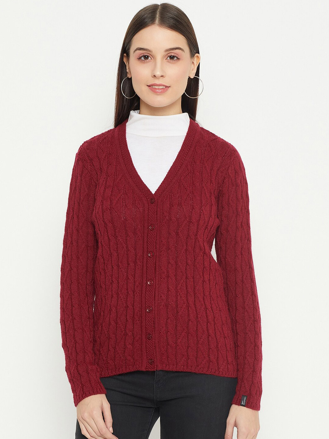 

CREATIVE LINE Cable Knit Woollen Cardigan, Maroon