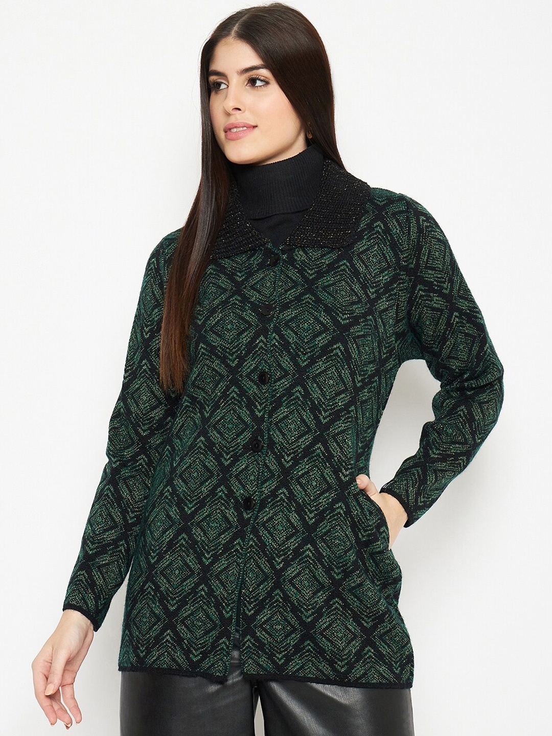 

CREATIVE LINE Geometric Self Design Turtle Neck Woollen Cardigan Sweaters, Green