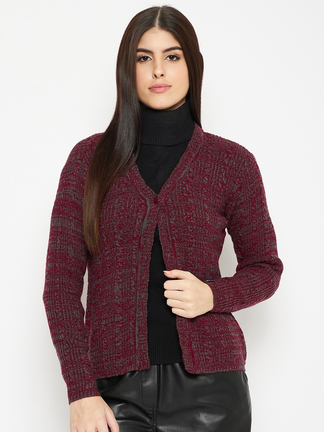 

CREATIVE LINE Self Design Cable Knit Wool Cardigan, Maroon