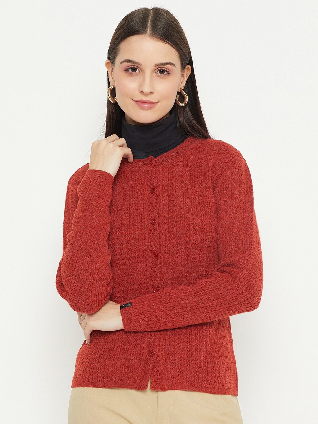 

CREATIVE LINE Cable Knit Self Design Woollen Cardigan, Rust