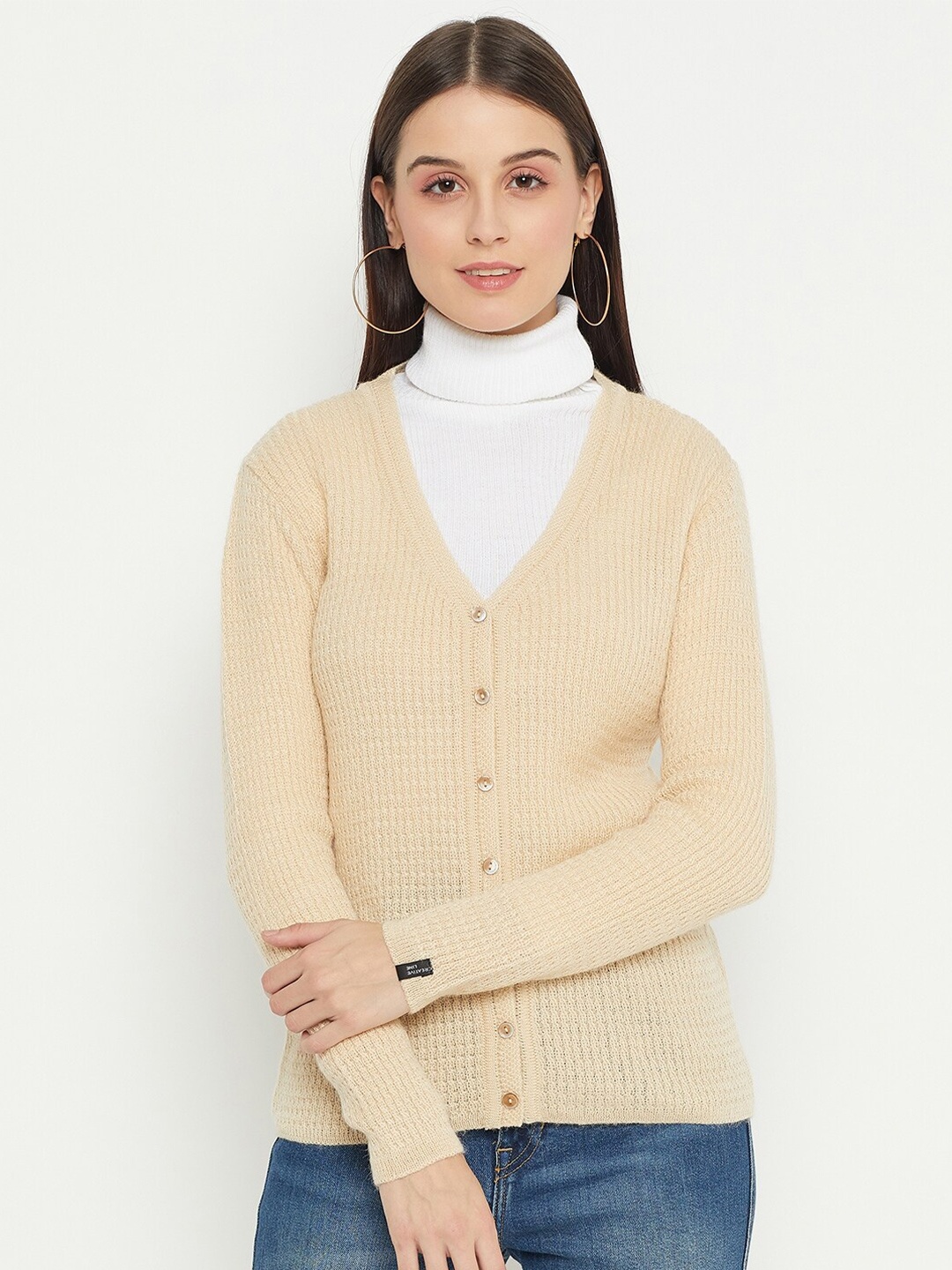 

CREATIVE LINE Cable Knit Woolen Cardigan Sweater, Beige