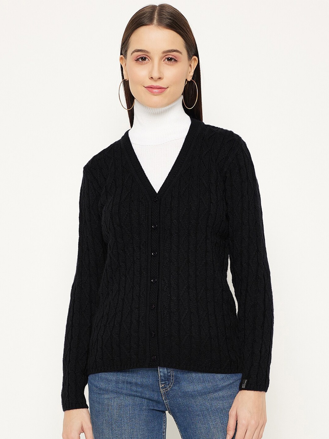 

CREATIVE LINE Self Design Cable Knit Wool Cardigan, Black