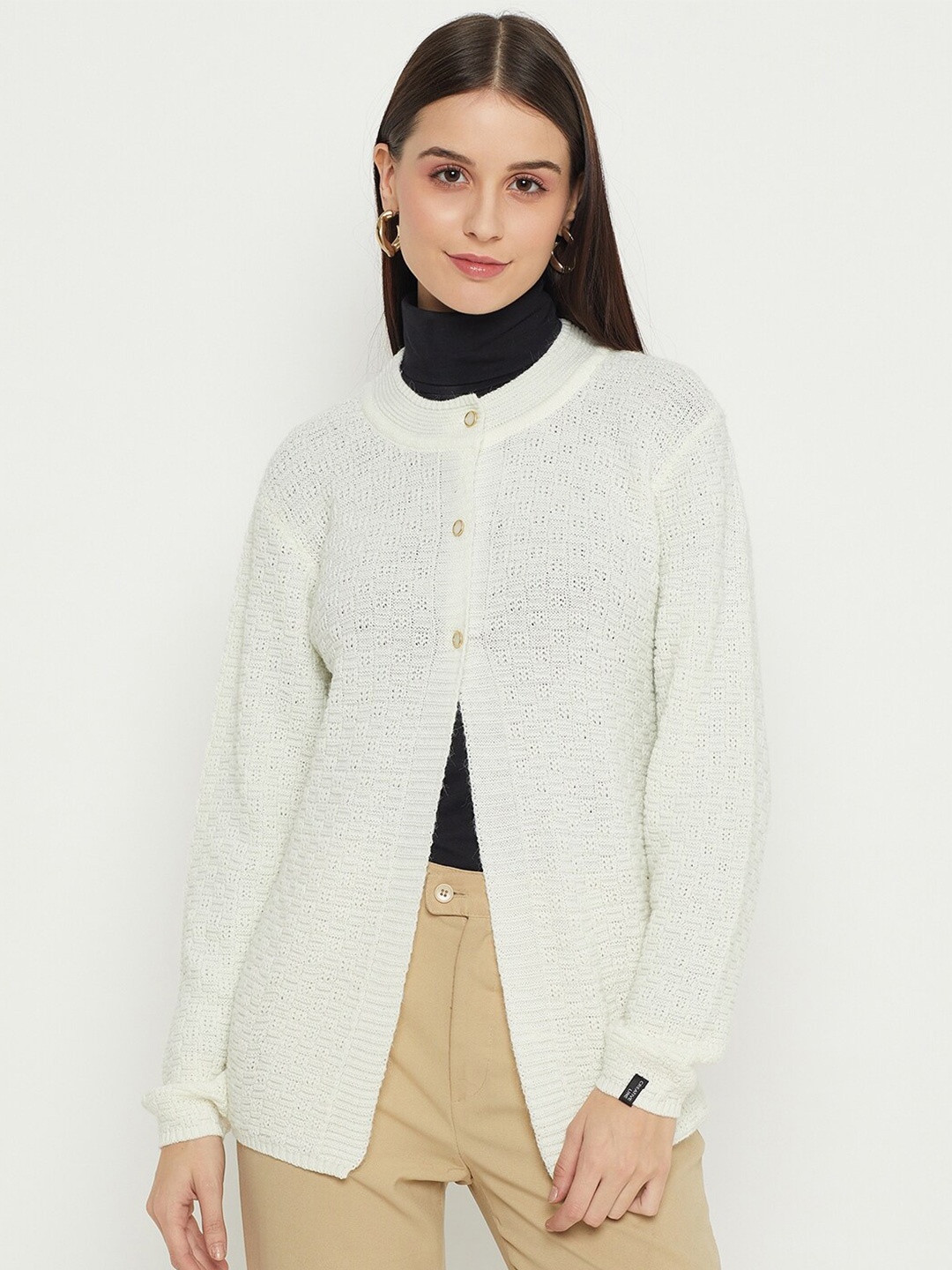 

CREATIVE LINE Self Design Woollen Longline Cardigan, White