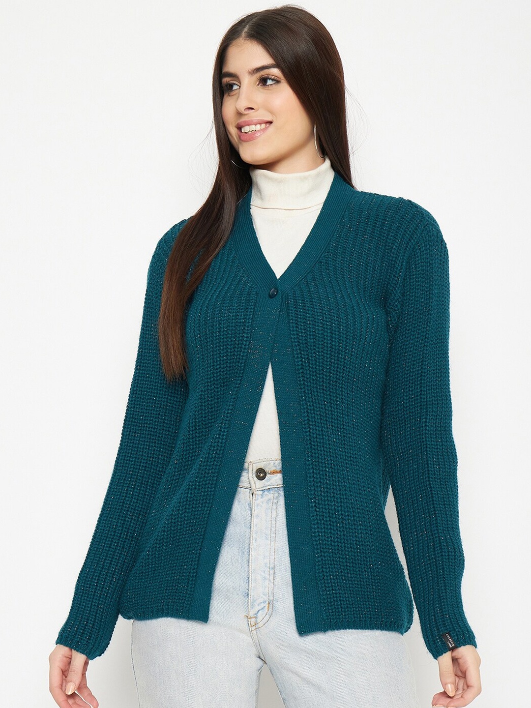 

CREATIVE LINE Cable Knit V-Neck Long Sleeves Woollen Cardigan Sweater, Teal