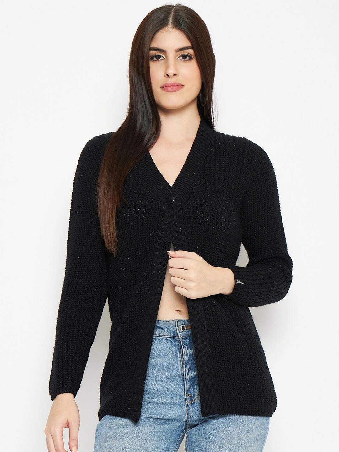 

CREATIVE LINE Self Design V-Neck Woollen Longline Cardigan, Black