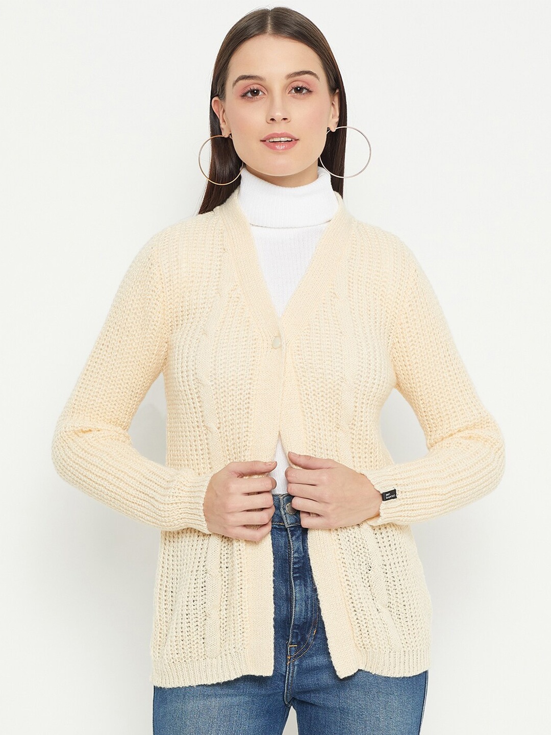 

CREATIVE LINE Cable Knit Woolen Cardigan Sweater, Beige