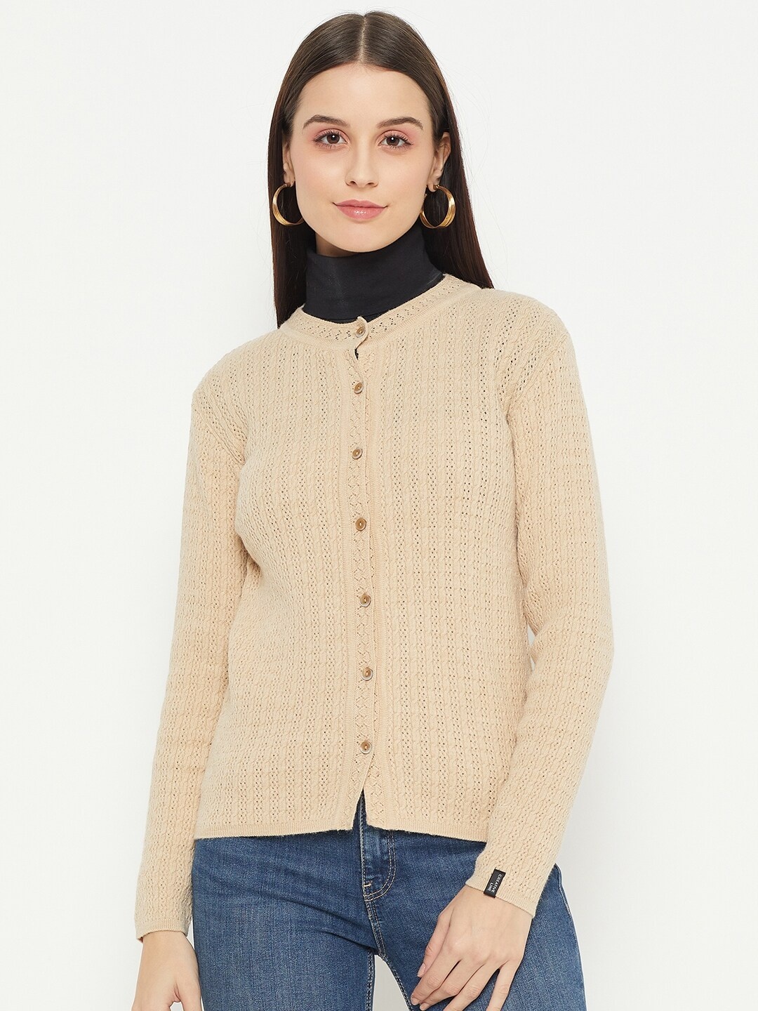 

CREATIVE LINE Cable Knit Self Design Woollen Cardigan Sweaters, Beige